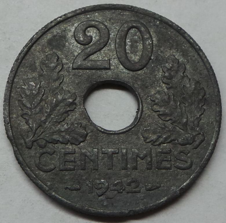 Франция 20 сантимов 1942 A года (24) КМ#900.1