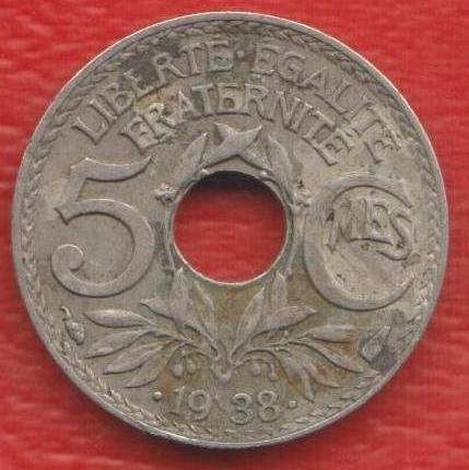 Франция 5 сантимов 1938 г. точки