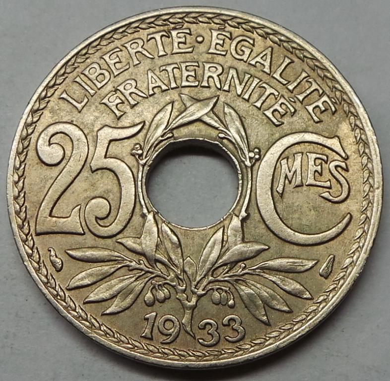 Франция 25 сантимов 1933 года (4) КМ#867a