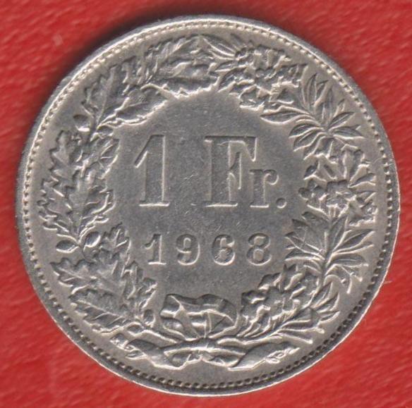 Швейцария 1 франк 1968 г. без знака Ллантризант аверс реверс 180 градусов