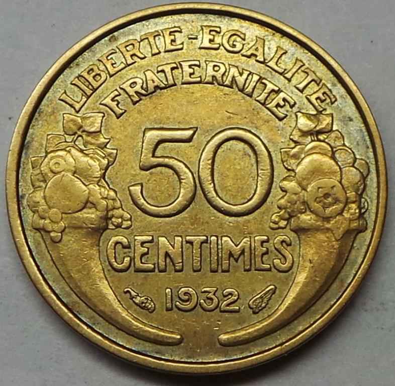 Франция 50 сантимов 1932 года открытая 9 (5) КМ#894.1