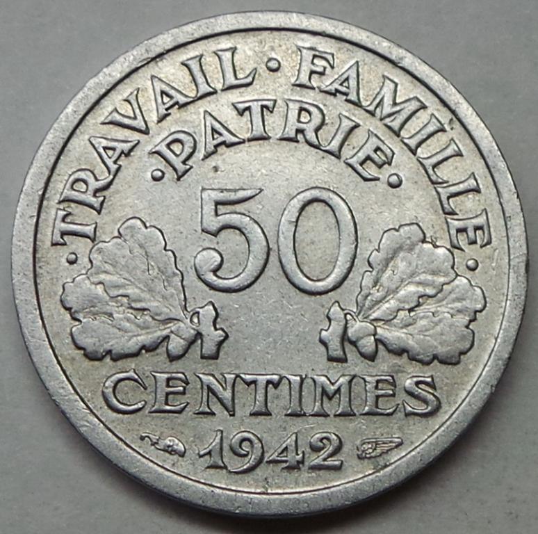 Франция 50 сантимов 1942 года (2) КМ#914.4