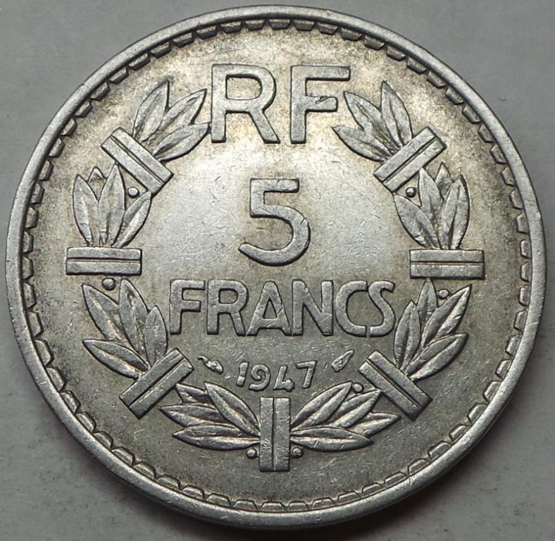 Франция 5 франков 1947 (a) года открытая 9 (2) КМ#888b.1