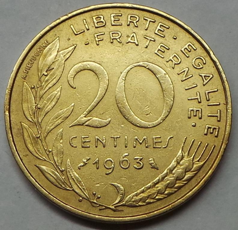Франция 20 сантимов 1963 года (4) KM#930