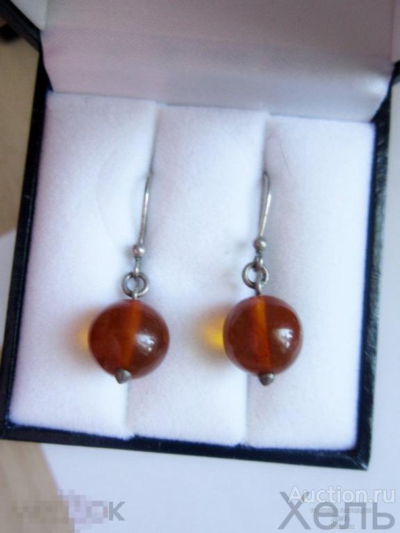 Серьги шарики янтарь серебро 925 проба звезда СССР 