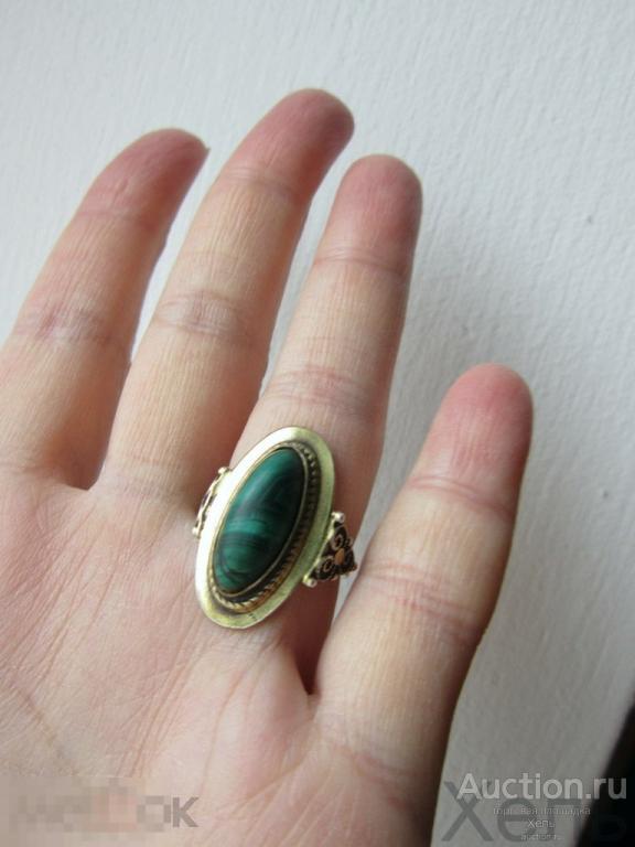 Кольцо перстень серебро 875 проба звезда СССР желтая позолота малахит 