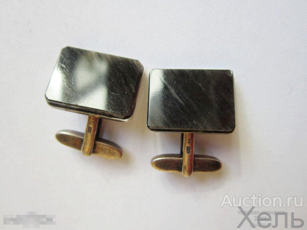Запонки серебро 875 проба со звездой позолота природный камень СССР 