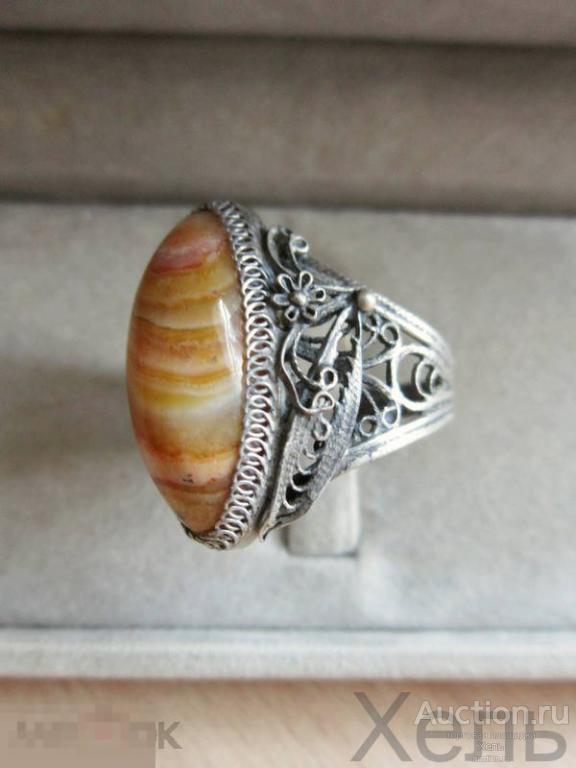 Кольцо перстень агат мельхиор скань зернь СССР 