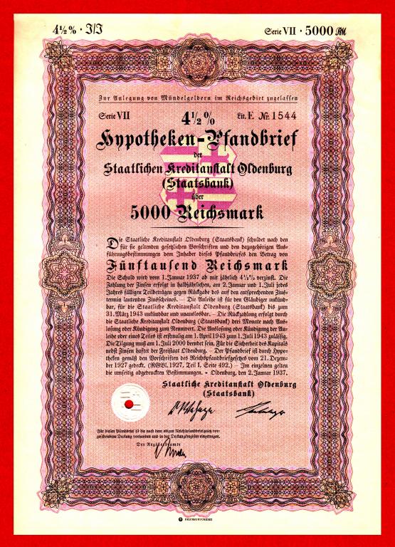 III Рейх (Саксония) банк Ольденбурга, ипотечная облигация, 5000 рейхсмарок, 1937, № 1544, aUNC