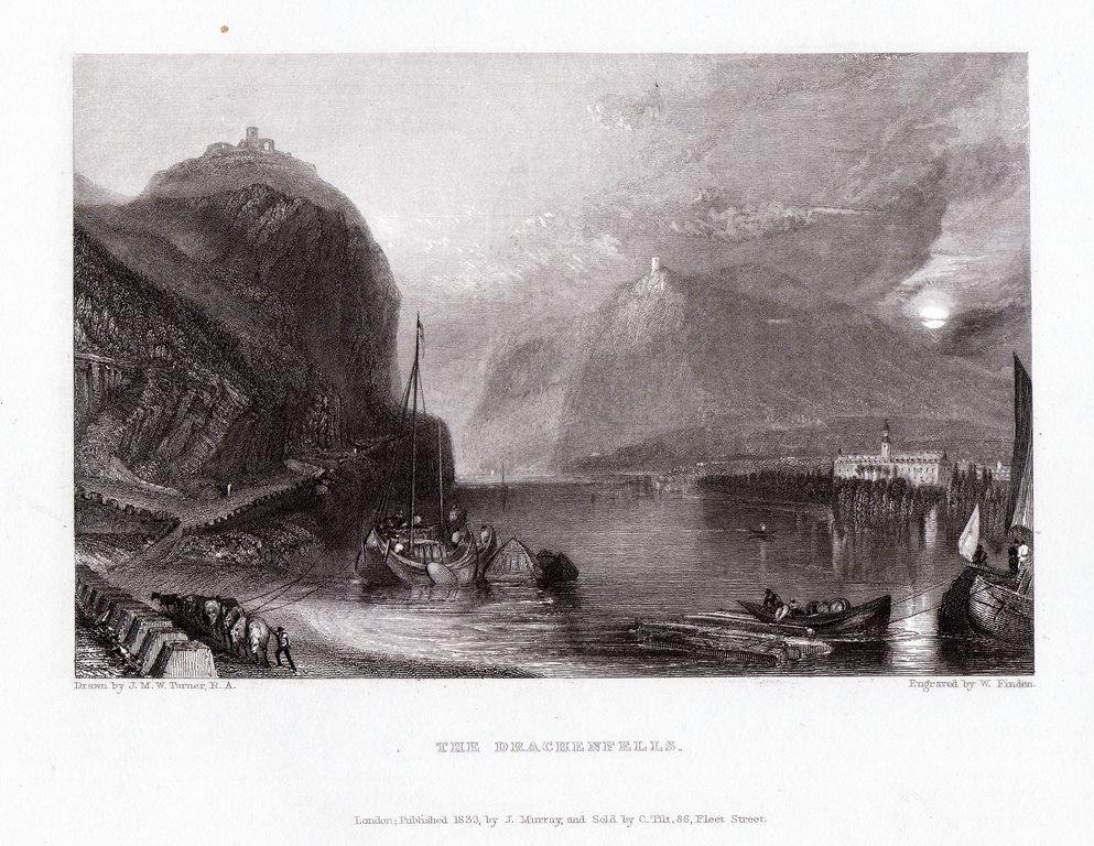 Гравюра Германия Замок Драхенбург гора Драхенфельс река Рейн The Drachenfels  1833 г