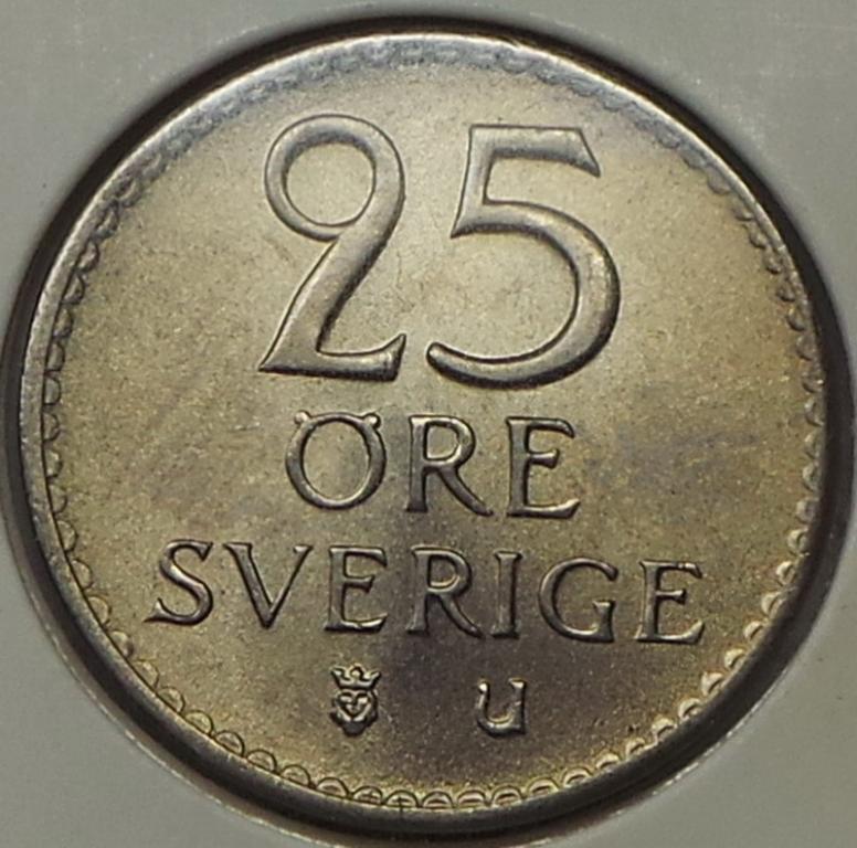 Швеция 25 эре 1966 U года Король Густав VI (1) КМ#836
