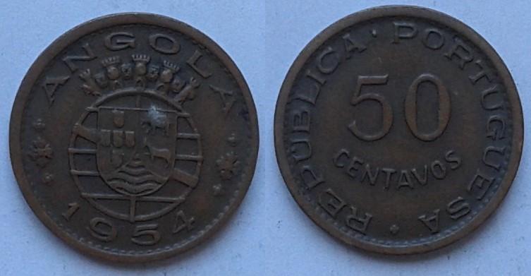 Португальская Ангола. Герб - 50 центов, бронза,1954