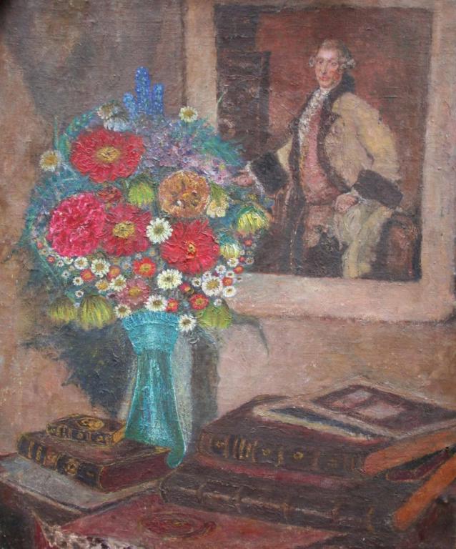Натюрморт с портретом, книгами и цветами.