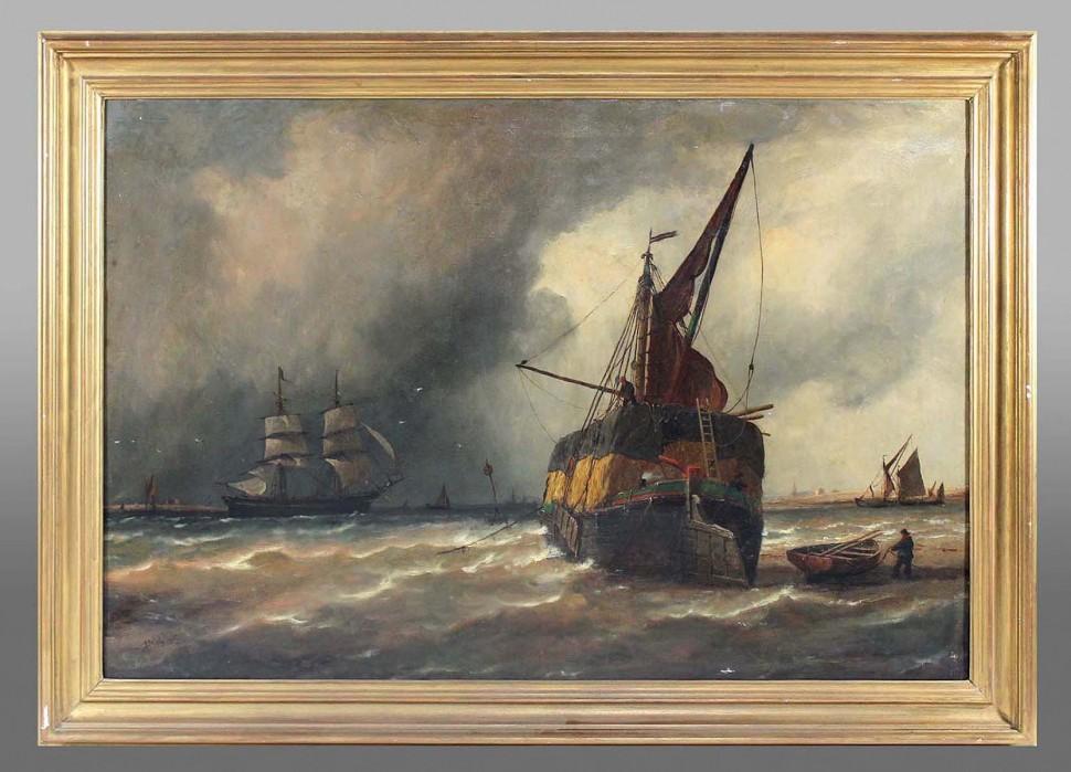 Ричард Нибс. Сенная баржа, 1898 год. Антикварная картина.