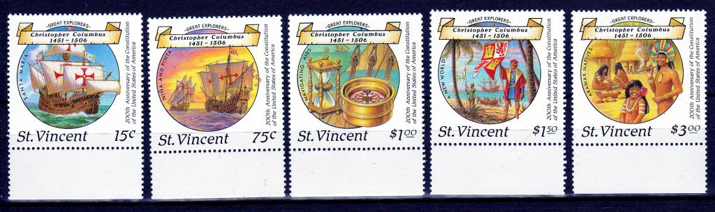 Марки Сент Винсент 1988 г. Открытие Америки Колумбом MNH OG ** Корабли Парусники