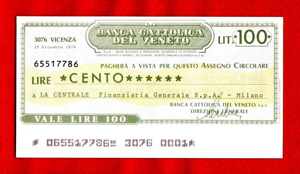 Италия, Милан, Banca Catolica del Veneto – Centrale Finanziaria, 100 лир, 1976, UNC, № 65517786