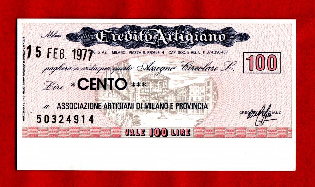 Италия, Милан, Credito Artigiano - Associazioni Artigiani 100 лир 1977 UNC, 50324914, РУЧНОЙ ШТАМП