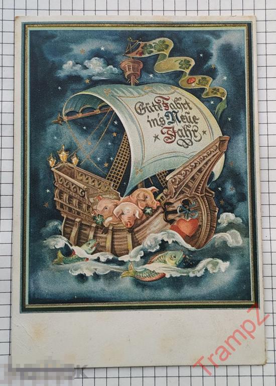 Открытка Cawar С новым годом парусник корабль поросята Германия #6 