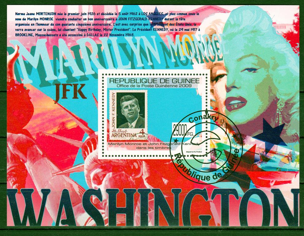 Марки Гвинея 2009 г. Мерлин Монро и Джон Кеннеди МЛ Персоналии Знаменитые люди