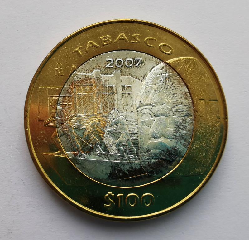 Мексика 100 песо 2007 Табаско Биметалл серебро Ag925 TABASCO