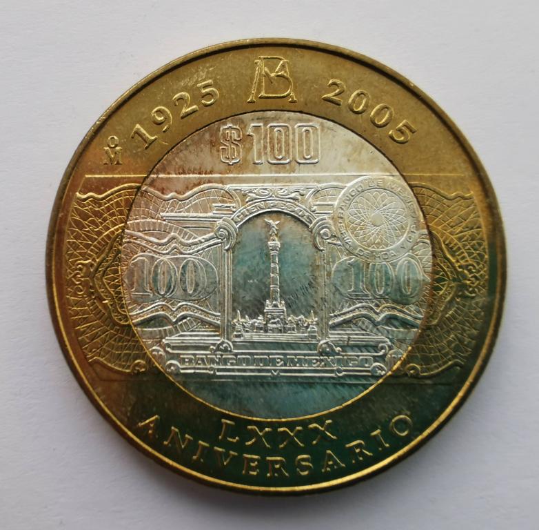 Мексика 100 песо 2005 80 лет банку Мексики Биметалл серебро Ag925