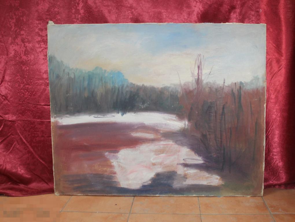 КАРТИНА. ХОЛСТ. МАСЛО. ПЕЙЗАЖ. РЕКА. ЗИМА. ЛЕС. 