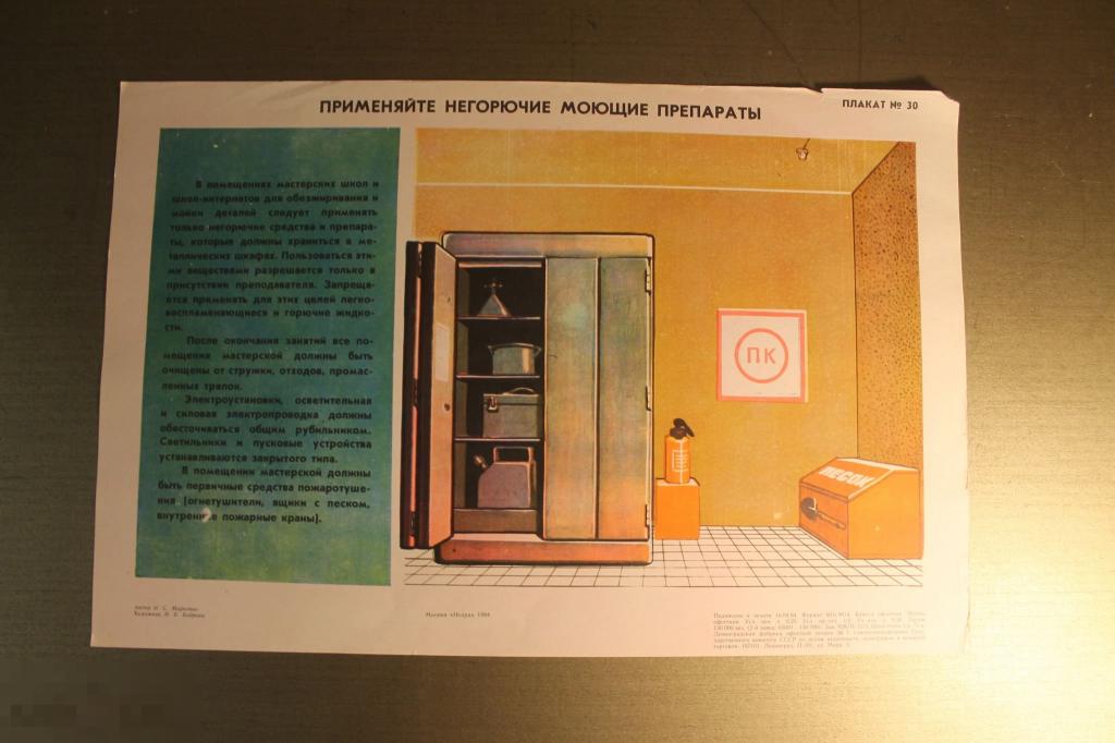 ПЛАКАТ. СССР. ПРИМЕНЯЙТЕ НЕГОРЮЧИЕ МОЮЩИЕ ПРЕПАРАТЫ. 1984 ГОД. * 