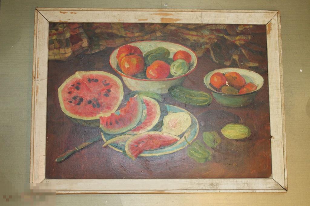 КАРТИНА. П.ГЕРГИЛЕНКО. 1984 ГОД. НАТЮРМОРТ С АРБУЗОМ. КАРТОН. МАСЛО. * 