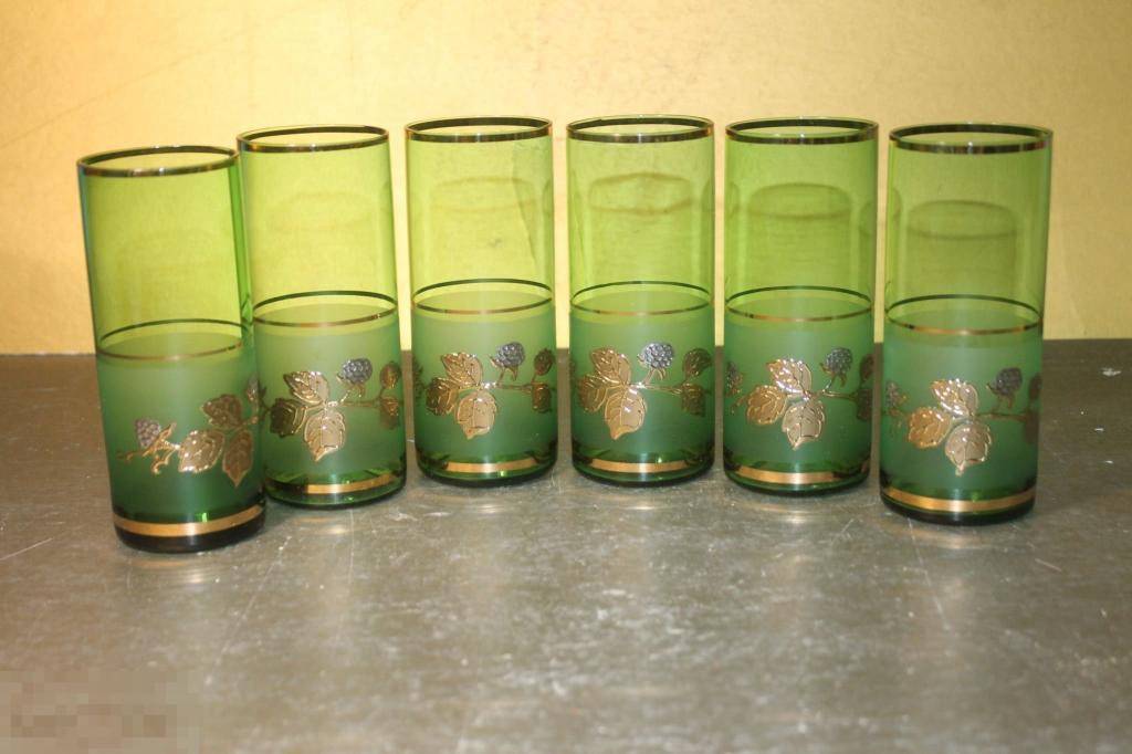 СТАКАНЫ. БОГЕМИЯ. BOHEMIA. ПОЗОЛОТА. ЧЕХОСЛОВАКИЯ. ЗЕЛЁНОЕ СТЕКЛО. 6 ШТУК. 