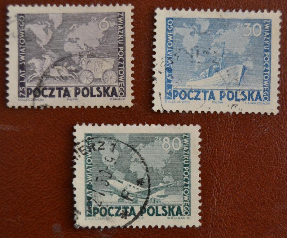 Польша 1949 год  75 лет Всемирному почтовому союзу  U.P.U  Гаш