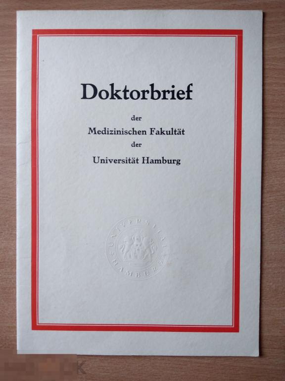 DOKTORBRIEF (ДИПЛОМ ВРАЧА-СТОМАТОЛОГА ГАМБУРГСКОГО УНИВЕРСИТЕТА), 1959, ОРИГИНАЛ. РЕДКОСТЬ!!!