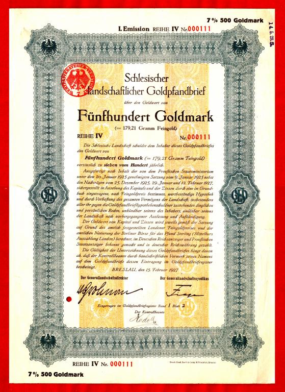 Германия, Силезия, земельная ипотечная облигация, Бреслау, 5000 золотых марок, 1927, № 000111