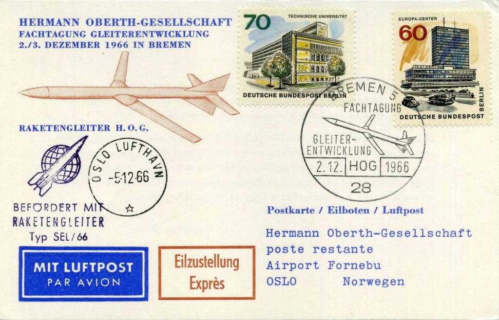 ФРГ (К1010) Открытка СГ Ракетная почта 1966 Космос