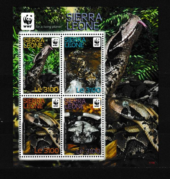 Сьерра-Леоне 2011 WWF Змеи, шумящая гадюка, специальный блок, с/з