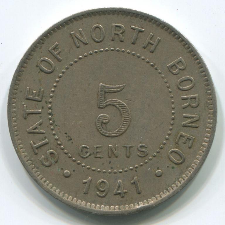 БРИТАНСКОЕ СЕВЕРНОЕ БОРНЕО 5 ЦЕНТОВ 1941Н GXF/AUNC
