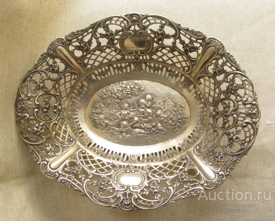 Ажурная ваза, Хильдесхаймская роза, Путти, серебро 800 проба, 470 грамм, 322х256мм.