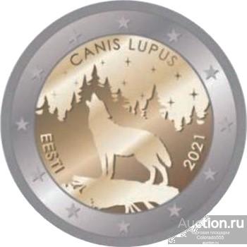 Эстония, 2 Евро 2021 г., Эстонское национальное животное — волк. UNC.