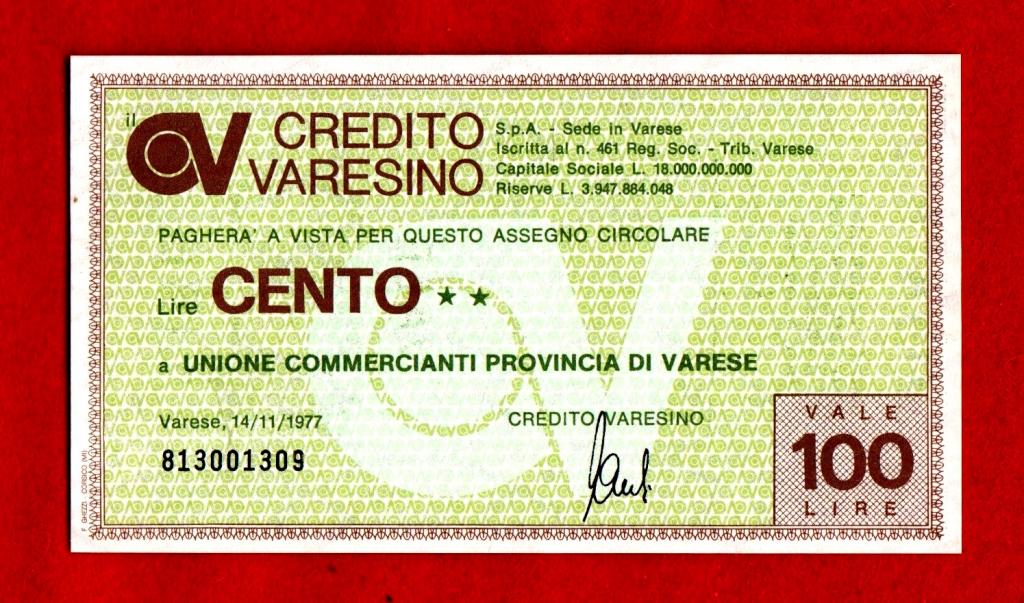 Италия, Варесе, Credito Varesino – Unione Commercianti, 100 лир, 1977, UNC, ВЗ ВОЛНЫ, № 813001309