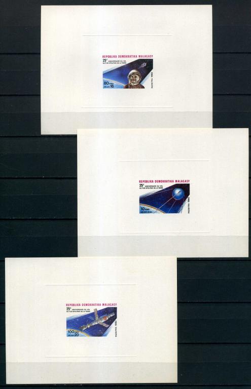 1982 Мадагаскар, космос, космонавты, ракета, спутник, Гагарин, 3 люкс-блока, MNH, RARE