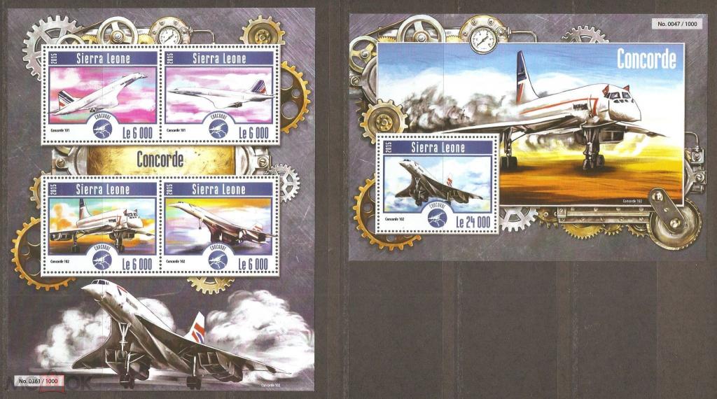 Сьерра-Леоне 2015 Авиация, самолеты, Конкорд, лист + блок