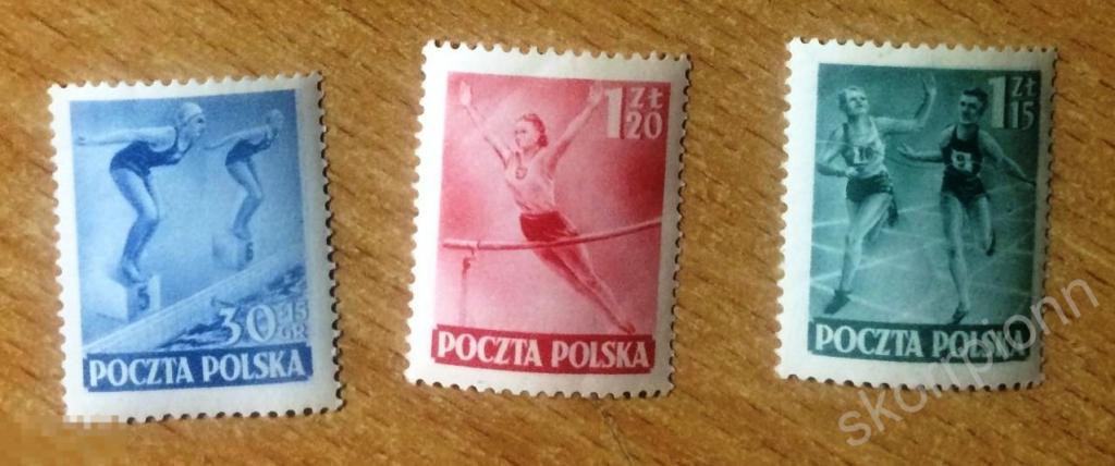 1950  ПОЛЬША *  СПОРТ, 3 МАРКИ **  9 евро   (а) 