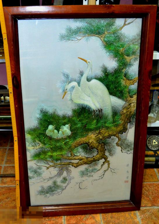 Журавли картина ручная работа вышевка   винтаж  ретро сохран  (а.ВЛ62) 