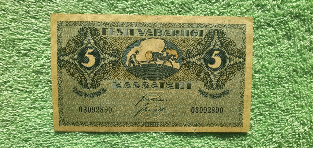 5 марок "Eesti Vabariigi Kassatäht", 1919 год, республика Эстония