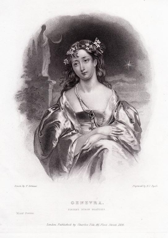гравюра Genevra Дженевра Галерея красавиц Байрона. Девушка Костюм Типы 1836 год
