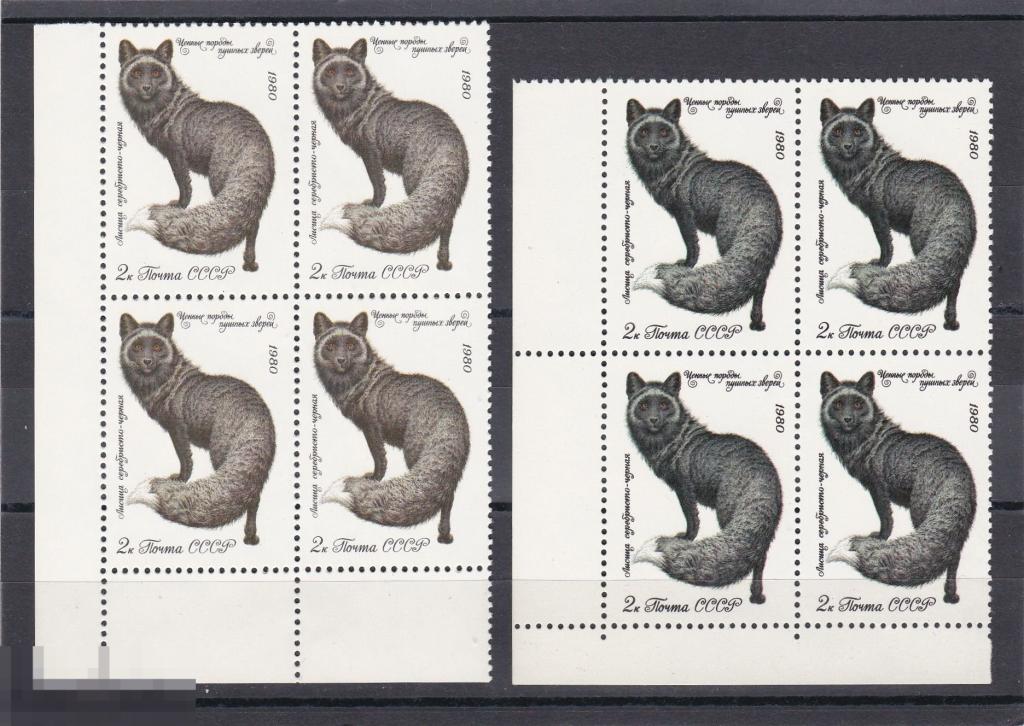 1980,  РАЗНЫЙ  ЦВЕТ  марка  Ценные породы, пушные звери, лисица   разновидность    ** квартблок 