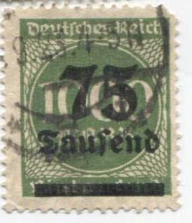 1923 Германия Инфляционный стандарт надпечатка 75 тыс.м на 1000м .гаш