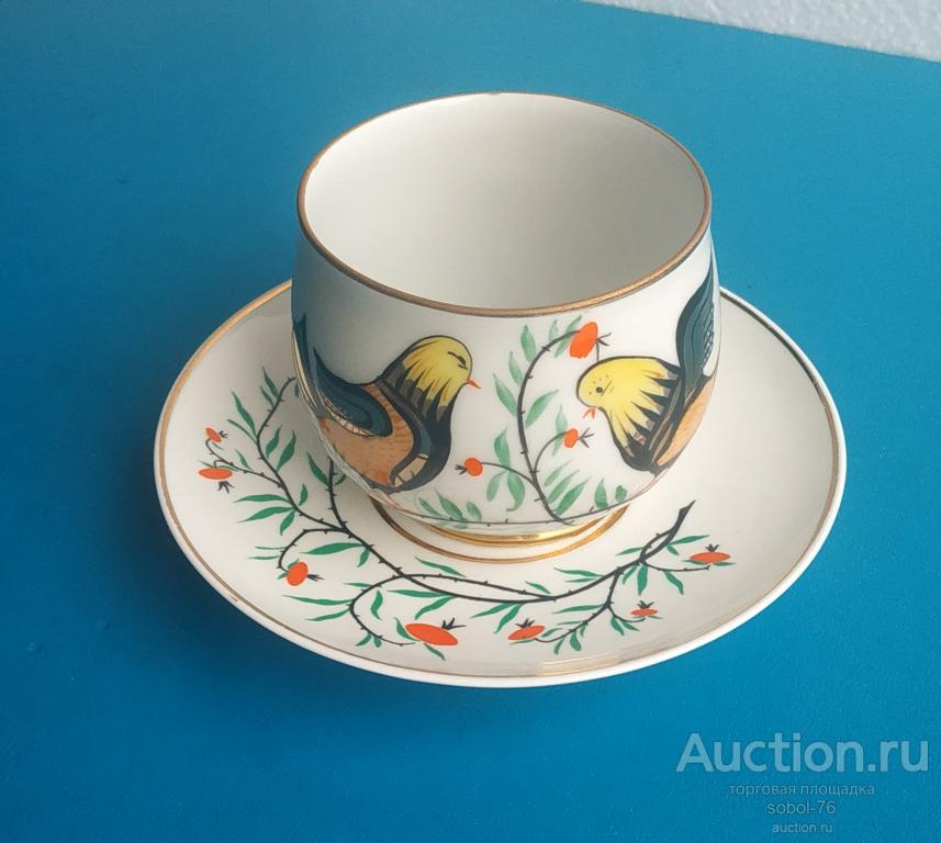 КОФЕЙНАЯ ПАРА ПТИЧКИ тонкий фарфор лфз СССР дефект