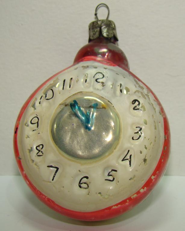 Елочная игрушка Будильник. Красный. Стекло. СССР