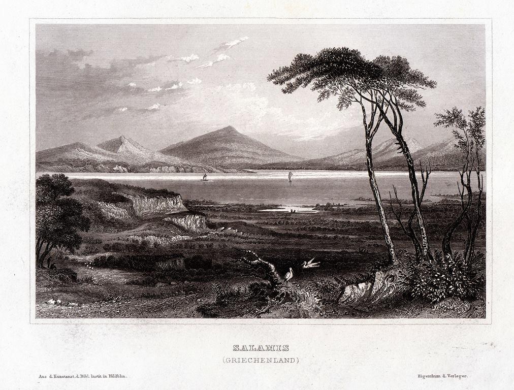 Гравюра Германия Остров Саламин Греция Salamis Griechenland Море Пейзаж 1849 г