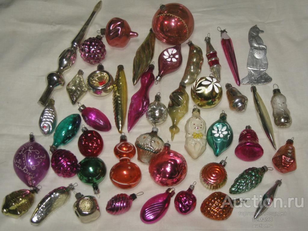 Елочные игрушки. Ассорти. 40+ штук. Стекло. СССР.